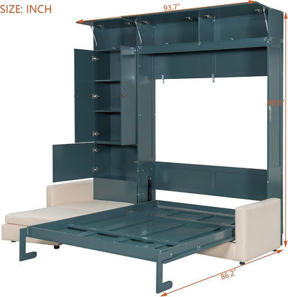Queen Murphy Bed with Couch and Storage Bookcase, Wood Foldable Murphy Wall Bed with Storage Shelves and Sofa for Adults (H Green,Queen)2