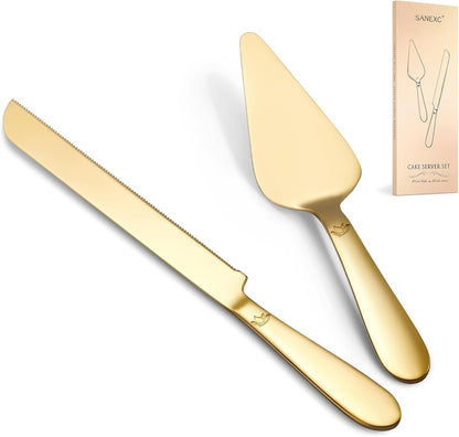 Wedding Cake Cutting Set - Extended Thickened Knife and Server Gold | 2 Pcs 13.0" Cutter & 10.49" Spatula, Food-Grade Stainless Steel Rounded Edges, Rust-Proof, Sturdy, for Birthday, Anniversary1