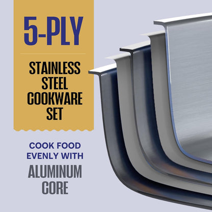 5-Ply Stainless Steel Wok Set, 12-Inch 5-Quart with Lid and Steamer - Induction Compatible, Oven Safe 800°F - Non-Toxic, No Coatings - Even Heating - Built to Last Generations3