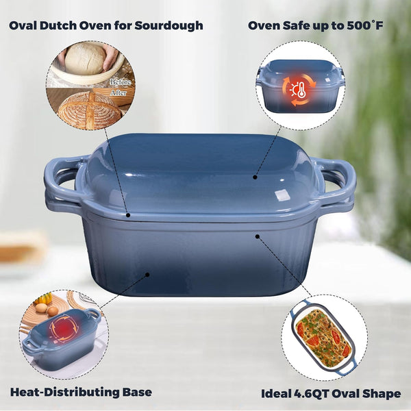 4.6 Quart Dutch Oven for Sourdough Bread Baking | Oval Bread Dutch Oven with Lid, Cast Iron Bread Pan for Crispy Crust, Steam Baking Design for Artisan Homemade Loave, Seasalt5
