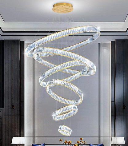 Large Ring Chandelier Modern Crystal Chandeliers for High Ceiling round LED Dimmable Ceiling Light Fixture for Foyer Long Stair Gold 8''+16''+24''+32''+40''+47''7