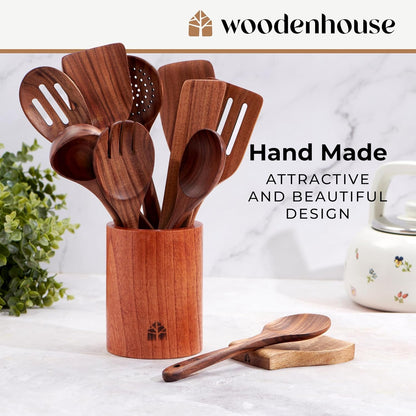 Wooden Spoons for Cooking, 12 Pcs Teak Utensil Set with Holder & Hooks6