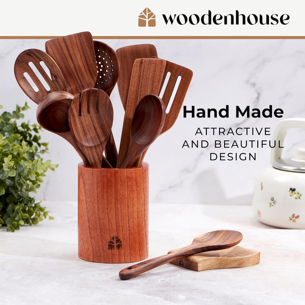 Wooden Spoons for Cooking, 12 Pcs Teak Utensil Set with Holder & Hooks6