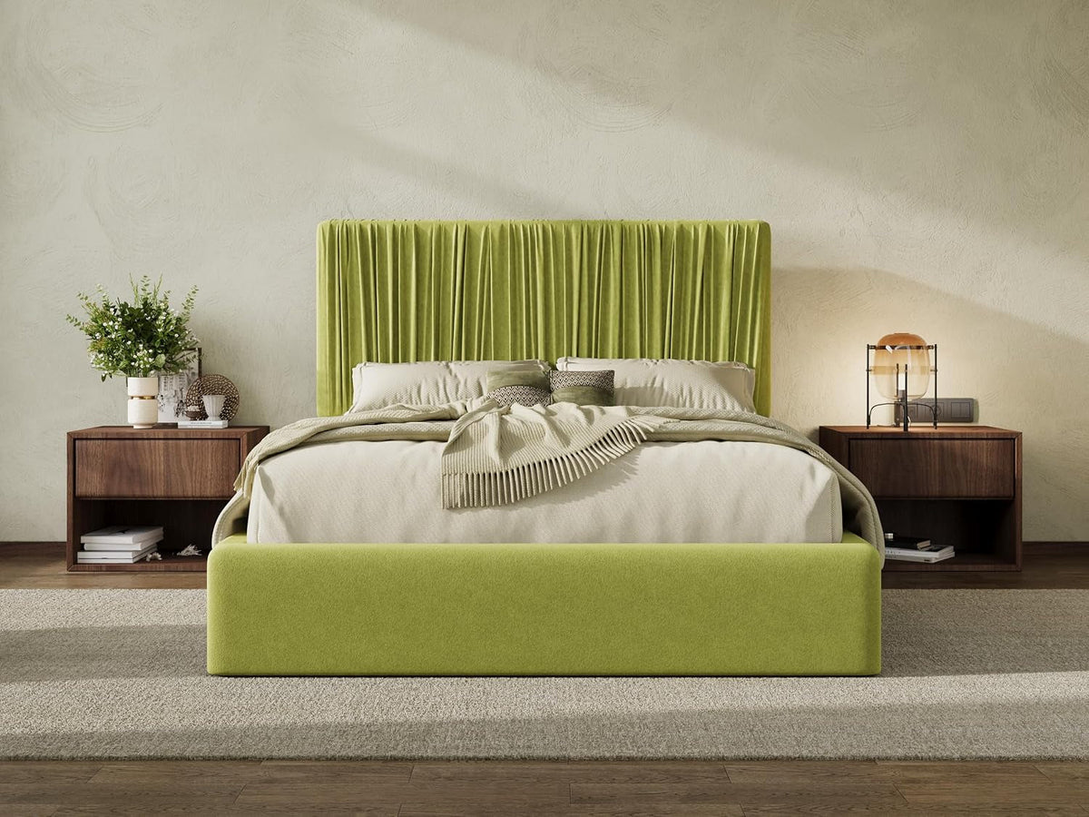 queen-size-artisanal-pleated-velvet-bed-frame-with-adjustable-headboard-luxurious-upholstered-floor-platform-bed-modern-low-profile-frame-green