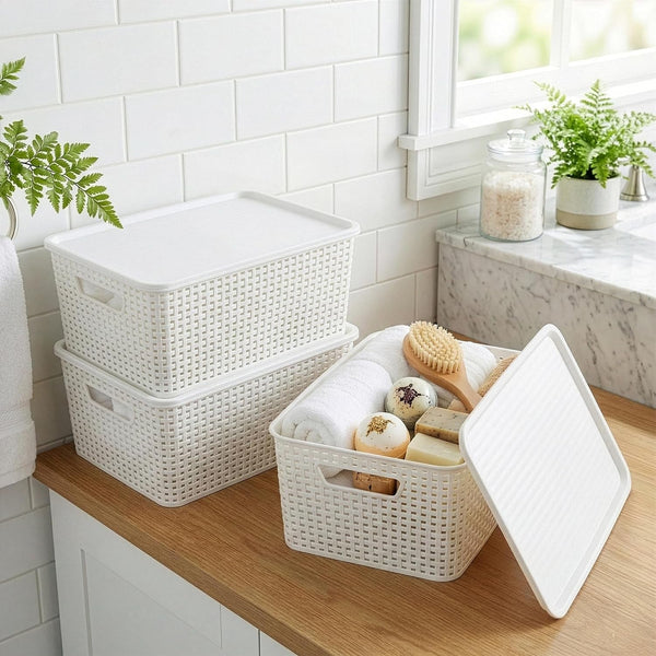 | Plastic Storage Baskets with Lids, 15.5 Liter - 3 Pack, White | the WOVEN COLLECTION | Storage Basket for Shelves Woven Storage Baskets for Organizing Bins Pantry Shelf Organizer Container Bin3
