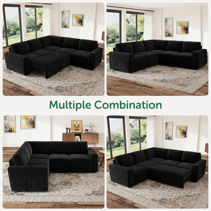 Modular Sectional Sleeper Sofa with Pull Out Bed,Corduroy L Shaped Couch with Storage, Sectional Couches for Living Room,Black6