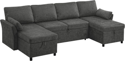 107 Inches Chenille Sectional Sofa with Pull Out Sofa Bed, Grey8