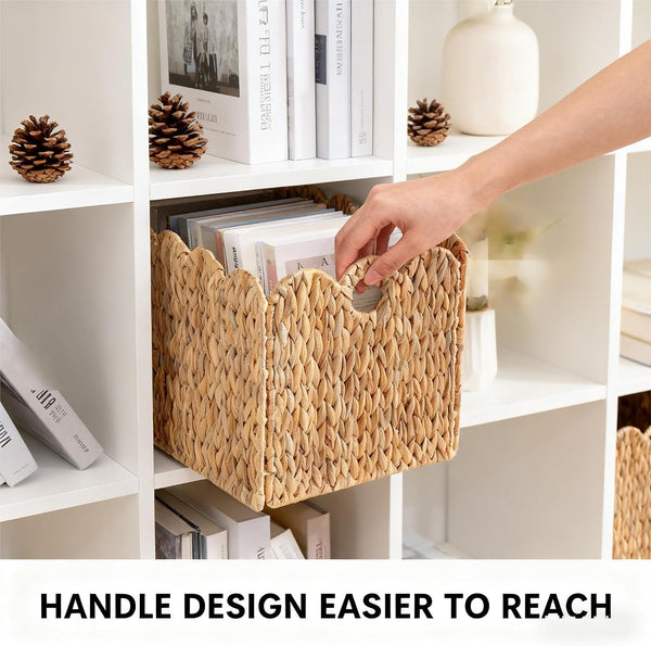 Scalloped Wicker Storage Cubes Basket, 12”X12“ Heavy Duty Paper Rope/Hyacinth/Seagrass Baskets for Shelves, Foldable Natural Boho Square Bins (Water Hyacinth&10.5 X 10.5 X 10.5In&4-Pack)5