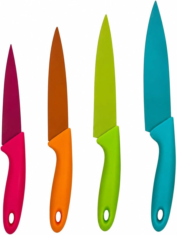 4-Piece Pastel Color Stainless Steel Knife Set | Dishwasher Safe, 4 Sizes Included, Slicing & Dicing, Pink Green Orange Blue, Color-Coded Blades1