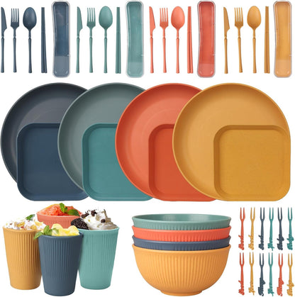 48 Pcs Dinnerware Sets, Unbreakable Plates and Bowls Sets, Reusable Dinnerware Sets for 4 People, Travel Camping Picnic Home Party Cutlery Set, Dishwasher Microwave Safe Dishes1