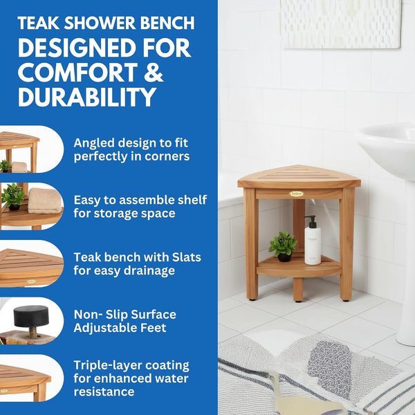 Snazzycorner Teak Corner Shower Bench, Waterproof, Storage3