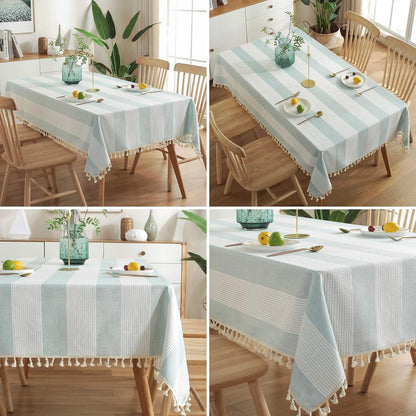 Stitching Tassel Tablecloth Striped Table Cloth Rectangle Cotton Linen Dust-Proof Table Cover for Kitchen Dinning 54 X 70 Inch Teal4