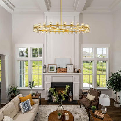 Modern 60 Inch Gold round Chandelier, Extra Large Chandeliers Crystal Chandeliers for Living Room, Large Wagon Wheel Chandelier for Foyer, Staircase, Entrance,Includes Bulb2
