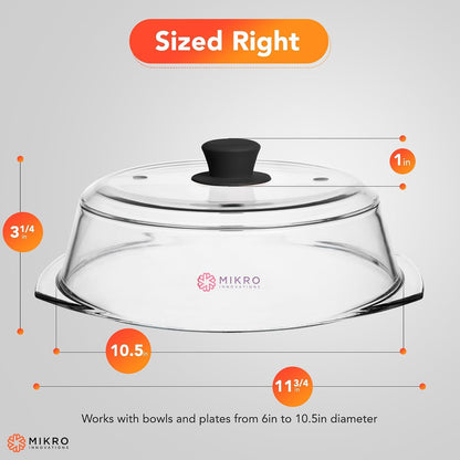 Tall Glass Microwave Splatter Cover | Sturdy Clear 100% Food Safe BPA Free Glass Lid with Easy Grip Silicone Handle | Heavy-Duty Glass for Longer Life, Dishwasher Safe for Easy Cleaning - 10.5In3
