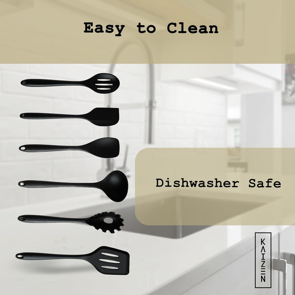 KAIZEN 6 Piece Silicone Utensils Set - All-Purpose Cooking Utensils Set for Kitchen - Non-Stick, Scratch & Heat Resistant Spoon & Spatula Set - Durable & Food Grade Cookware Tools (Black)4
