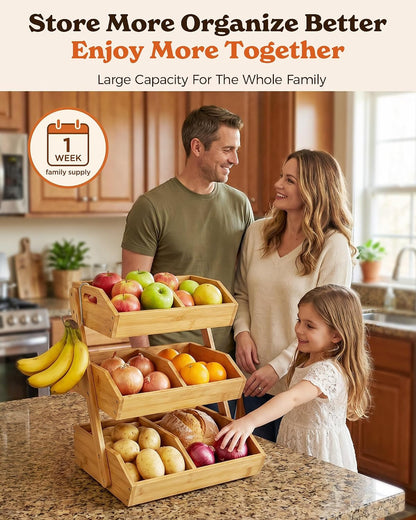 3-Tier Bamboo Fruit Basket with 2 Banana Holders | Large Tiered Organizer for Bread, Snacks, Veggies. Sturdy Bamboo, Includes Mats & Dividers. Easy to Assemble.2