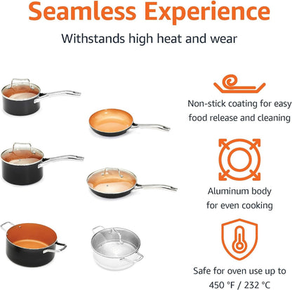 Ceramic Nonstick Cookware Set, Induction Ready, Dishwasher & Oven Safe, Even Heating, 10-Piece Set with Frying Pans, Saucepans, Glass Lids, Copper Color2