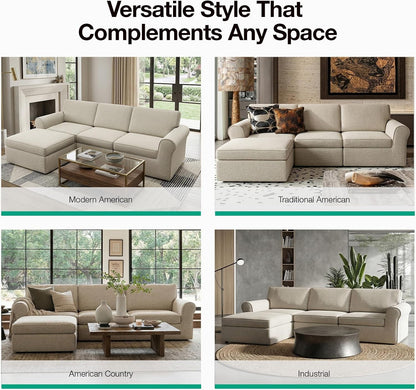 108" Modular Sectional Sofa, Modular Sectional Couches for Living Room Bedroom, Chenille Removable Cover Cloud Couch with Smarts Coil® Support L-Shaped Couch(Beige, 3 Seater + 1 Ottoman)21