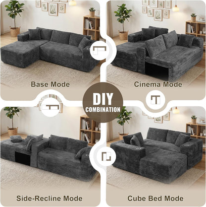 103" Boneless Couches for Living Room with 2 Cup Holders,L Shaped Modular Sectional Sofa Set,No Assembly Needed Plush Corduroy Living Room Set,Dark Gray7