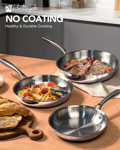 Tri-Ply Stainless Steel Frying Pan Set, 8" 9.5" 11" Skillets, Full Clad Stainless Steel Pans for Even Heating, Durable Cooking Pan Set for Home Chefs & Everyday Cooking8