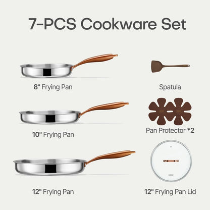 7-Piece Tri-Ply Stainless Steel Frying Pan Set, Skillet Set 8"/10"/12", Induction Compatible, Oven & Dishwasher Safe, Gold Handle2