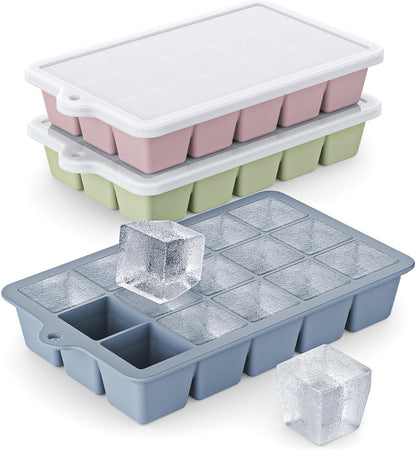 Silicone Ice Cube Tray 3 Pack - EASY RELEASE Ice Cube Tray with Lid, BPA Free Ice Cubes Trays for Freezer,Ice Cube Mold for Cocktail,Whiskey (Blue+Pink+Green)1