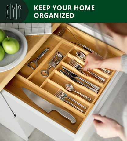 Luxury Bamboo Kitchen Drawer Organizer - Silverware Organizer, Utensil Holder & Cutlery Tray Drawer Dividers for Flatware (9 Slot, Natural)6