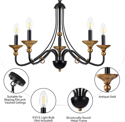 5‑Light Modern Farmhouse Candle Pendant, Matte Black with Antique‑Gold Accents, Chandelier Hanging Light Fixture for Kitchen Island, Entryway, Stairwell, E12 Base7