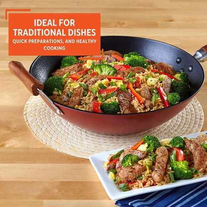 USA GKG-61021 Light Cast Iron Wok, 14", Red Handles | Ideal for Stir-Frying and Deep Frying, Great for Everyday Cooking7