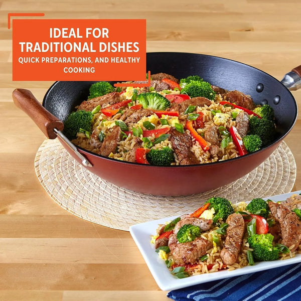USA GKG-61021 Light Cast Iron Wok, 14", Red Handles | Ideal for Stir-Frying and Deep Frying, Great for Everyday Cooking7
