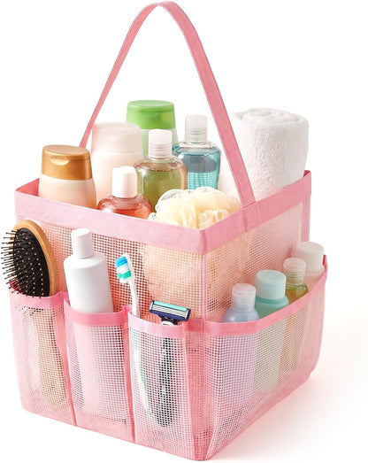Mesh Shower Caddy, 9 Pocket Large Capacity Beach Tote Bag with Handle,Portable Shower Caddy Bag for College Dorm Room Essentials, Pink Hanging Bathroom Bag for Toiletry, Swimming, Gym, Camp, Beach1