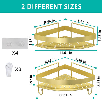 Corner Shower Shelves, 2-Tier Gold Shower Candy with 4 Hooks, Stainless Steel Bathroom Shower Organizers, Wall Mounted Caddy Shelves No Drilling with Adhesive, Triangle Storage Shelf for Toilet2