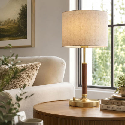 Table Lamp for Bedroom, Bedside Table Lamp with Linen Fabric Shade, Wood & Gold Metal Base, Nightstand Table Lamp for Bedroom, Living Room, Office, Mid Century Accent Lamp for Home Decor5