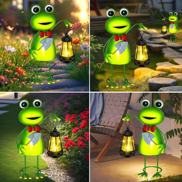 Solar Garden Lights 13.78In Tall Metal Frog Statue with Solar Lantern Decor5