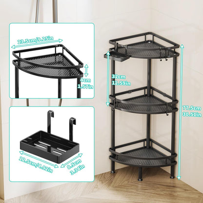 Standing Corner Shower Caddy - 3 Tier Shower Organizer Corner with Soap Holder and 4 Hooks, Rustproof Bathroom Storage Shelves with Adhesives, Black5