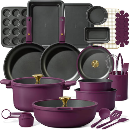 32Pcs Pots and Pans Set Non Stick, Detachable Handle Cookware Sets | Bakeware and Kitchen Gadgets, Space Saving, Dishwasher & Oven Safe, Non-Toxic, for Camping/Rv/Traveling, Purple1