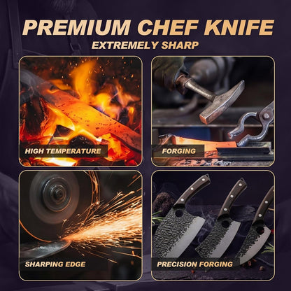 Butcher Knife Set 3PCS, Hand Forged Serbian Chef Knife & Meat Cleaver & Viking Knife, Food Cutting Kitchen Knife for Home, Outdoor Cooking, Camping BBQ Gift for Men3