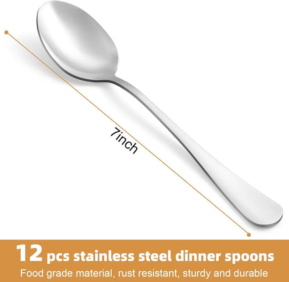12 Pcs Dinner Spoons Set, Food-Grade Stainless Steel Tablespoons, Durable Metal Table Spoon, Cutlery Soup Spoons Silverware for Home, Kitchen or Restaurant, Mirror Polished, Dishwasher Safe - 7 Inch2