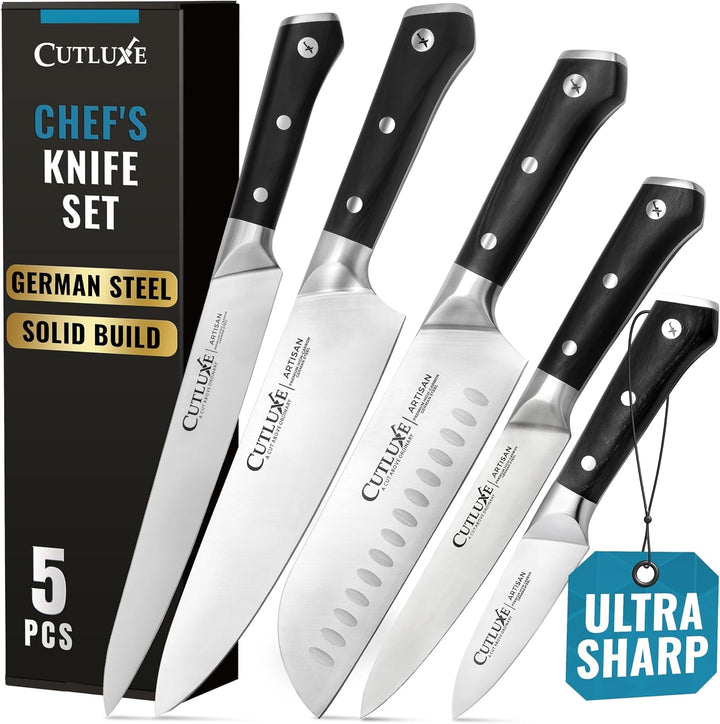 Kitchen Knives, 5-Piece Chef Knife Set – Razor Sharp German Steel | Full Tang Ergonomic Handles, Professional Blades – Artisan Series, Forged High Carbon