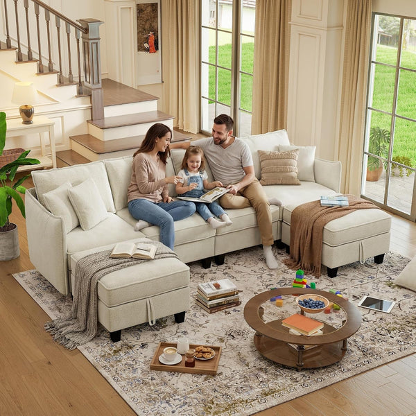 112" Modular Sectional Sofa U Shape Couches with Storage Ottoman and Washable Cushion Cover for Living Room, Bedroom, Apartment(Beige)7