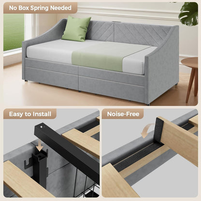 Twin Size Daybed with 2 Storage Drawers, Upholstered Daybed Frame with Charging Station, Heavy Duty Sofa Bed for Bedroom, Living Room, No Box Spring Needed,Easy Assembly6