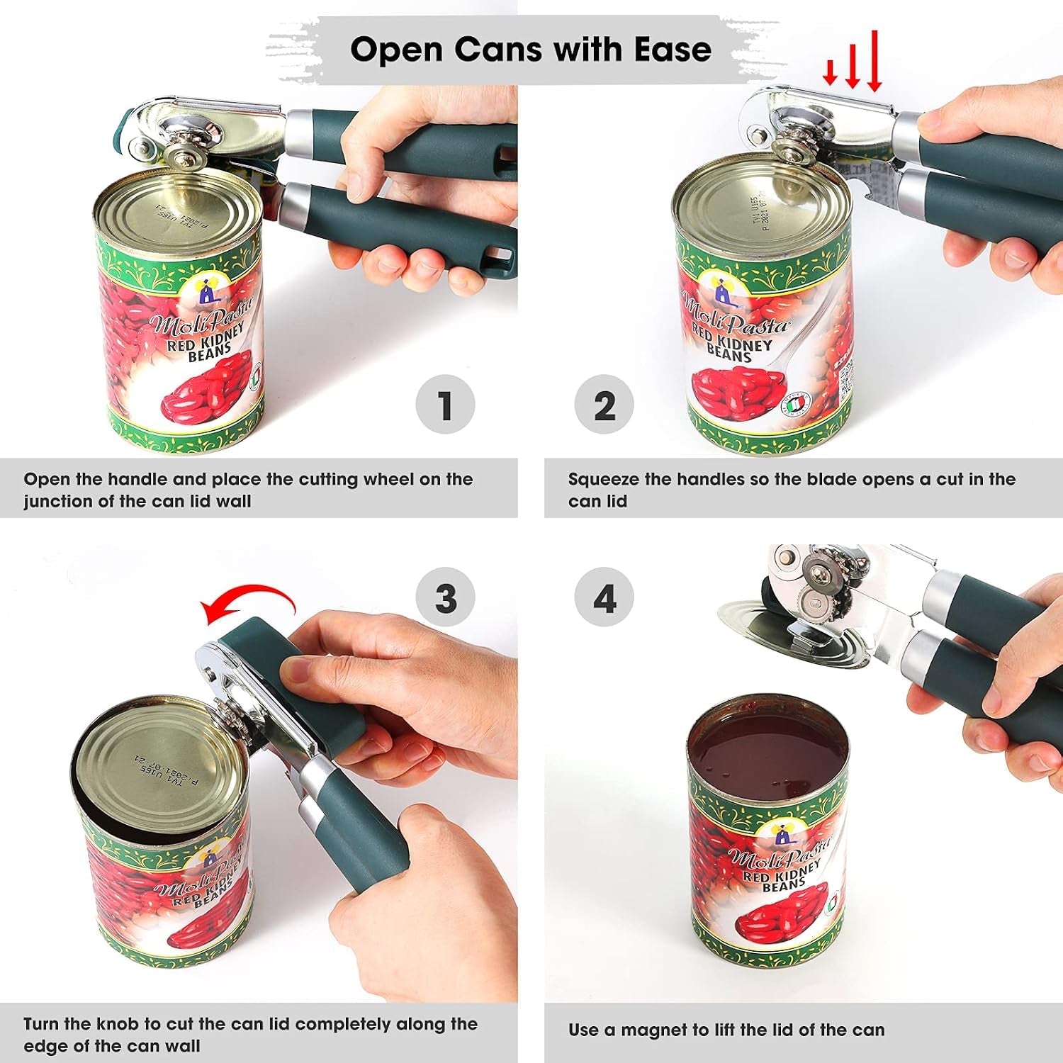 heavy-duty-hand-can-opener-manual-with-magnet-lid-remover-green-razor-sharp-carbon-steel-blade-precise-smooth-cutting-gear-big-effort-saving-knob-soft-grip-handle-built-in-bottle-opener