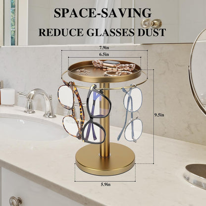 360° Rotating Sunglass Organizer Storage, Stainless Steel Glasses Holder Stand, Glasses Organizer with Tray for Desk, Dresser, Tabletop, Nightstand and Home Decor (Gold) | Stainless Steel Stand with 360 Rotation Holds 9 to 12 Pairs. Top Tray Stores Rings, and Keys for Desk, Dresser, Nightstand6
