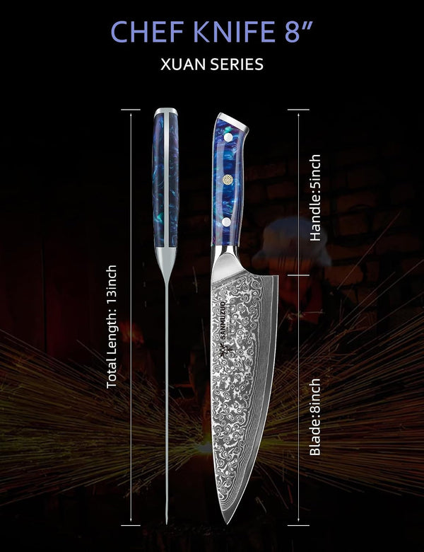 Chef Knife - 8 Inch - Xuan Series - VG10 Damascus Steel Kitchen Knife - Resin Handle (Sapphire Blue)5