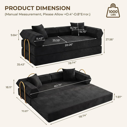 79" Convertible Futon Sofa Bed, Boneless Couch for Living Room | Black2