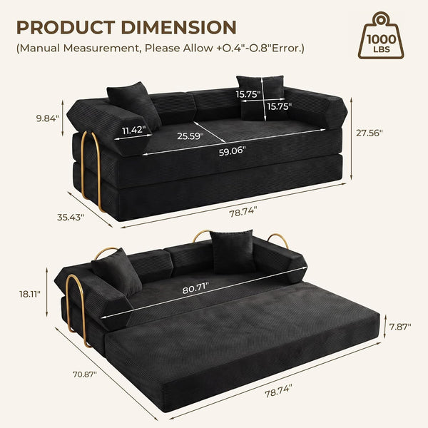 79" Convertible Futon Sofa Bed, Boneless Couch for Living Room | Black2