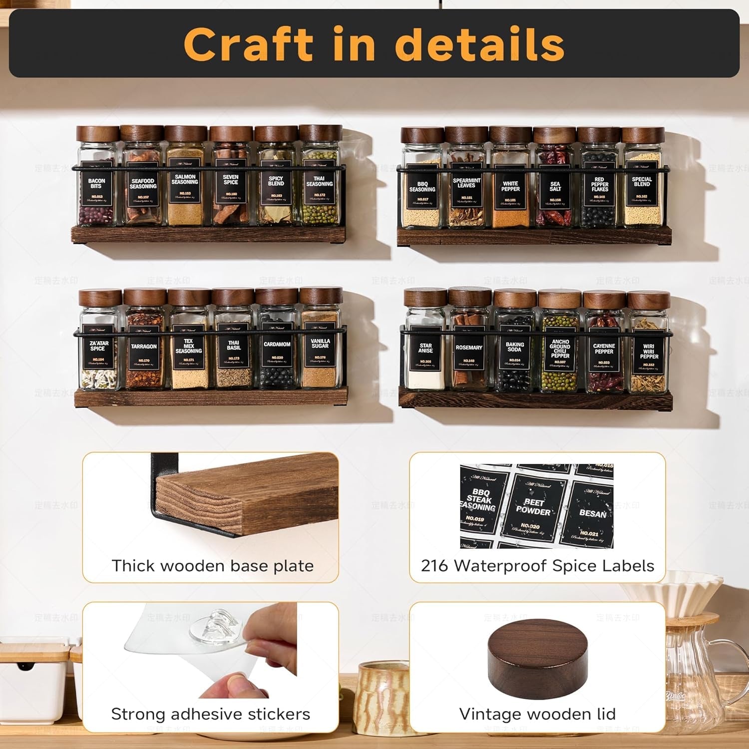 4-tier-wall-mount-spice-rack-organizer-with-24-glass-jars-216-labels-funnel-screw-adhesive-mount-black-metal-wood-spice-storage-for-kitchen-pantry-cabinet-11-6-l-x-2-4-w-x-3-2-h