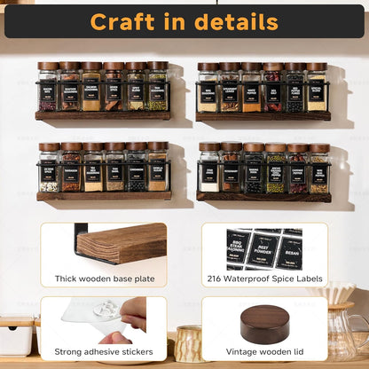 4-Tier Wall Mount Spice Rack Organizer with 24 Glass Jars, 216 Labels & Funnel - Screw/Adhesive Mount, Black Metal & Wood Spice Storage for Kitchen Pantry Cabinet, 11.6”L X 2.4”W X 3.2”H4