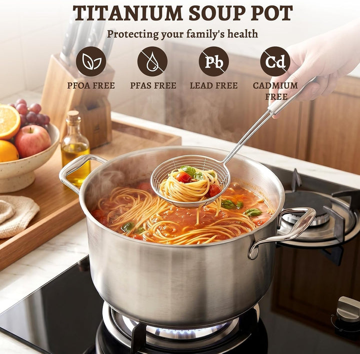 Ptaciow 7 Quart Titanium Soup Pot,Pure Healthy Titanium Pots for Cooking | No Coating Stock Pot with Lid Induction All Stovetops,Large Capacity Cooking Pot for Soup,Pasta Sturdy & Double Handle+2