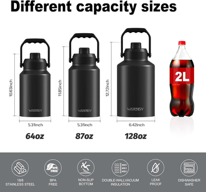 1 Gallon Water Bottle Insulated(Cold for 48 Hrs),Bpa Free&Leak Proof,128Oz Stainless Steel Water Jug with Handle for Gym,Hiking,Camping&Travel,Black Large Thermo7
